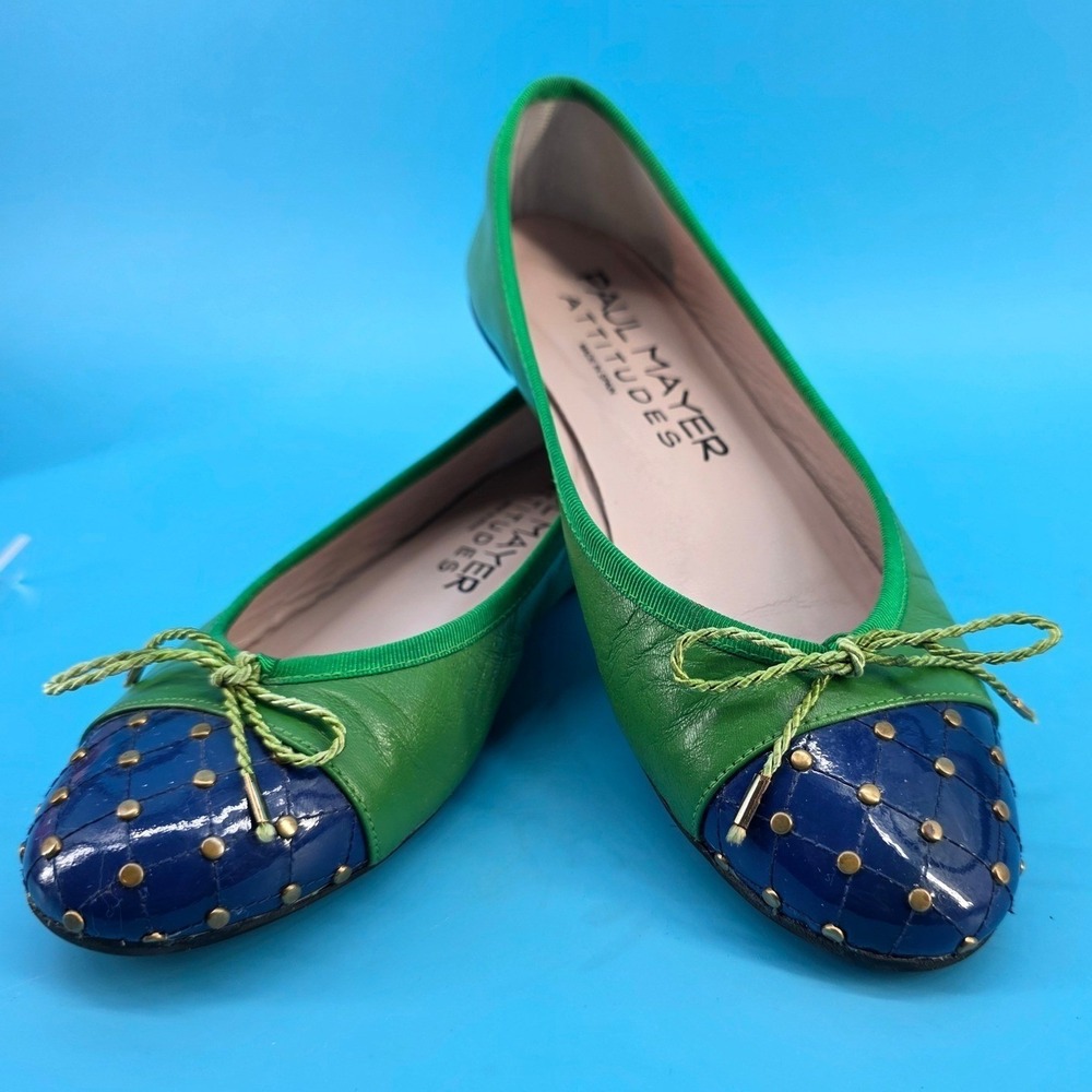 Paul Mayer Attitudes Green Leather Navy Quilted Cap Toe Ballet Flats Size 6.5